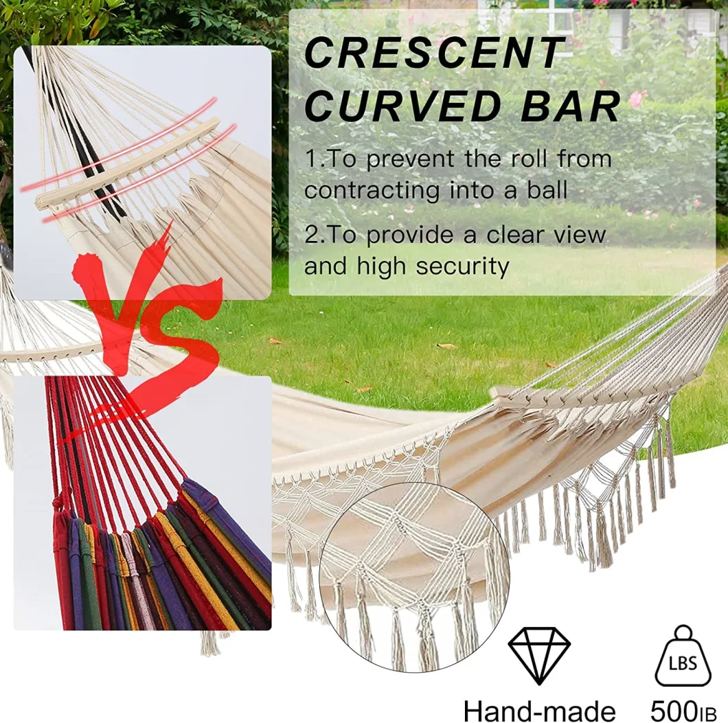 Outdoor Traveling Canvas Double Wooden Spreader Macrame Hammock